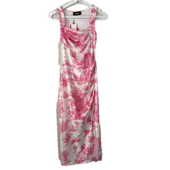 Cider TOILE DE JOUY RUCHED SPLIT Midi DRESS Pink & Cream Women’s Size XXS NWT - Picture 2 of 15